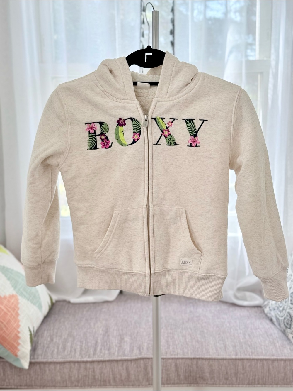 Roxy Girl’s - Cozy Cream Zip Hoodie with Floral Logo - Size S 7/8